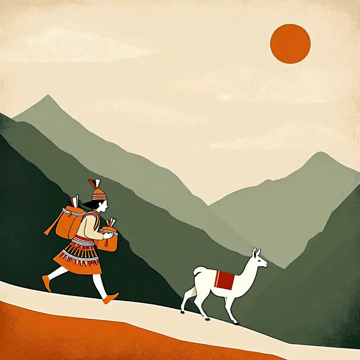 A chasqui running an Andean mountain path with a llama, carrying a message.